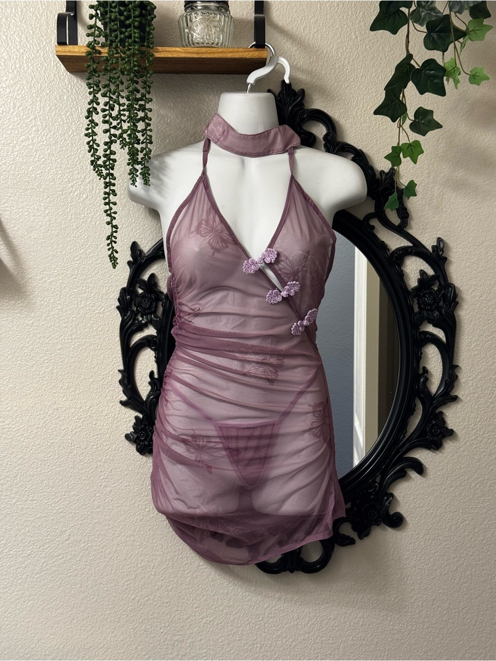 Sheer Halter Chemise Nightdress in Mauve